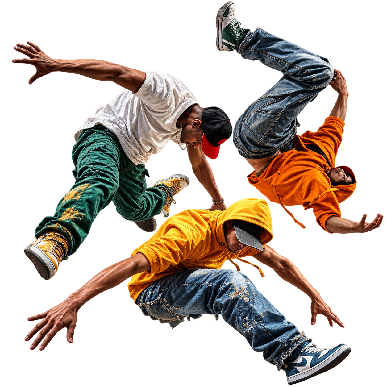 Three breakdancers performing dynamic dance moves